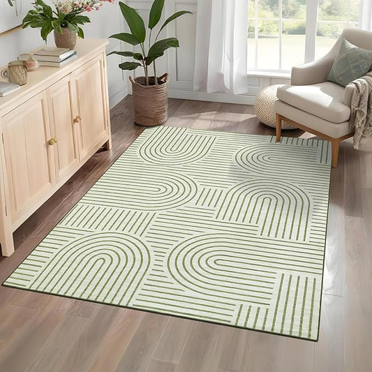 Washable Rug 4x6 Area Rugs for Living Room, Abstract Rug for Bedroom, Soft Rainbow Non Slip Throw Rugs with Rubber Back, Low Pile Stain Resistant Boho Geometric Carpet for Dining Room, Green