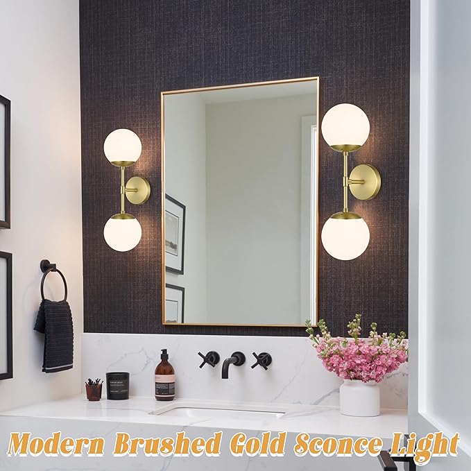 KoKo&Yukina 2 Pack Gold Vanity Light Fixtures Mid Century Modern Bathroom Vanity Light with Milky White Glass Globe Sconce Lights Fixture Vanity Lights for Bathroom (Bulb Include)