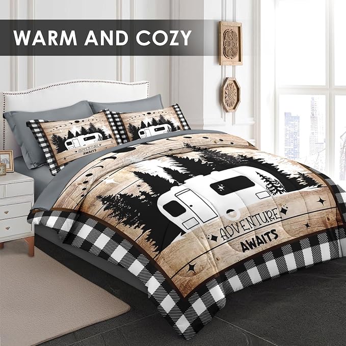 Pamnest Comforter Set Twin Size, Camping Camper Rv 5 Pcs Bedding for Kids and Adults, Car Family Bed Sheet Sets with Fitted Sheet Pillowcase & Sham for Bedroom Bed Decor