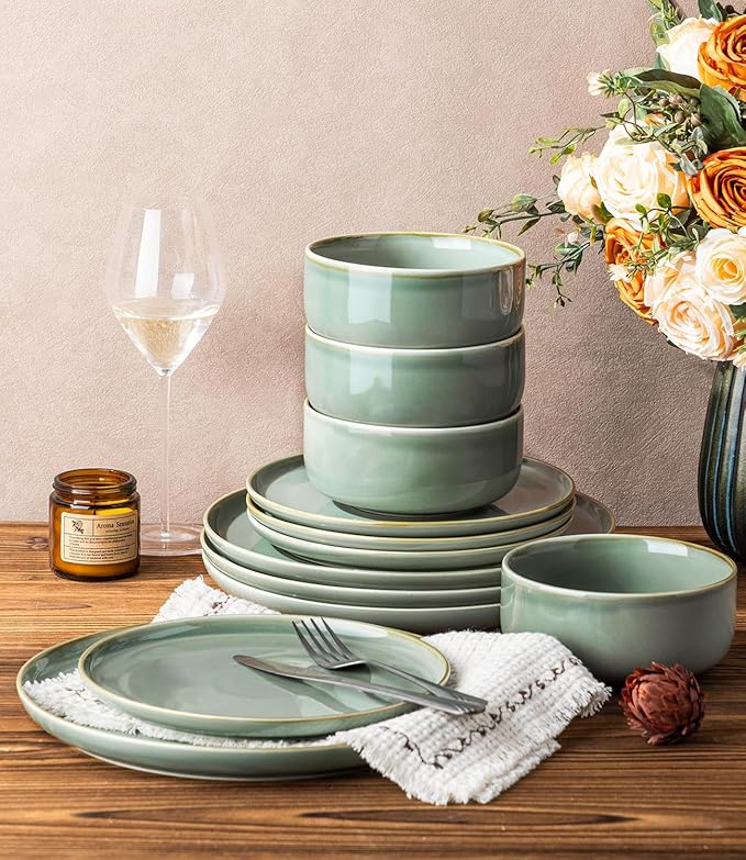 TheTerra Ceramic Dinnerware Sets for 4, 12 Pieces Handmade Reactive Glaze Plates and Bowls Set, Scratch Resistant Dish Set, Oven & Microwave & Dishwasher Safe, Eucalyptus