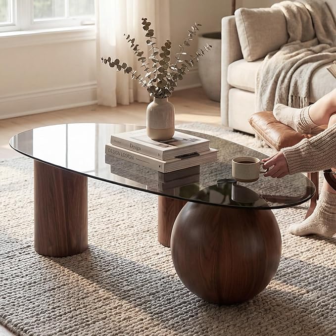 Hyfirm 55" Irregular Cloud Glass Coffee Table, Modern Black Tempered Glass Top with Walnut Finished Legs, Accent Center Table for Living Room & Bedroom