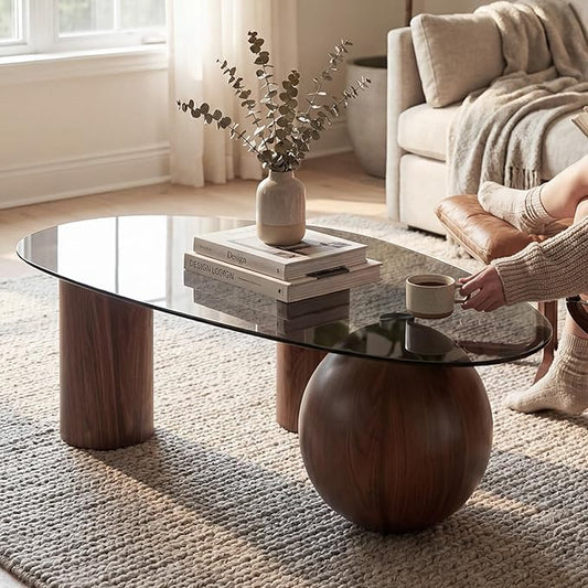 Hyfirm 55" Irregular Cloud Glass Coffee Table, Modern Black Tempered Glass Top with Walnut Finished Legs, Accent Center Table for Living Room & Bedroom