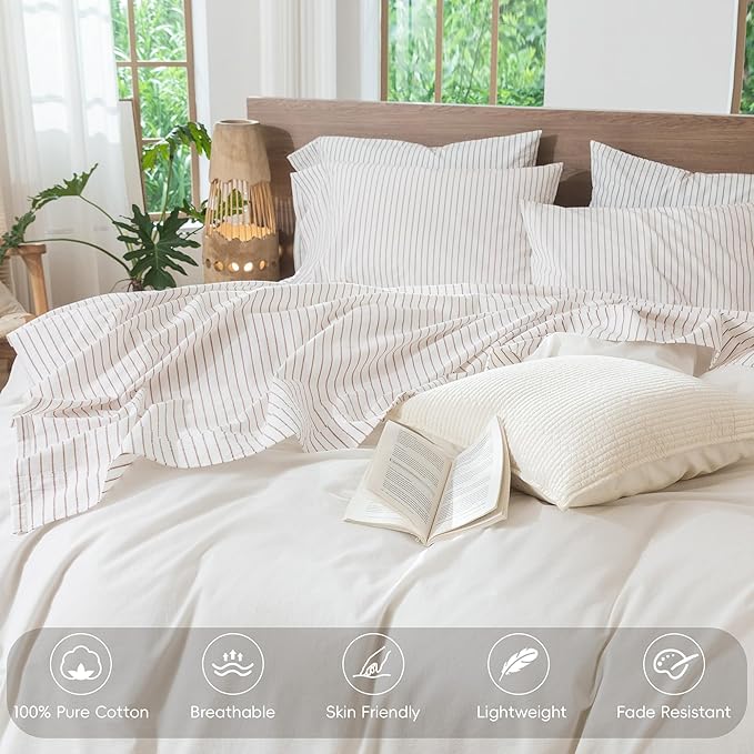 MooMee Striped Sheet Set 100% Washed Cotton Linen Like Textured Breathable Durable Soft Comfy (White Dark Orange Wide Stripes, King)