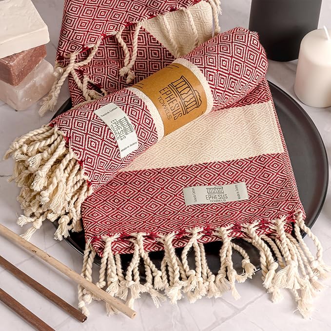 Hand Towels - Set of 2 | 18" x 30" - Decorative Turkish Hand Towel for Bathroom, Kitchen, Guest, Face, Hair, Tea, Dishcloth (Diamond, Red)