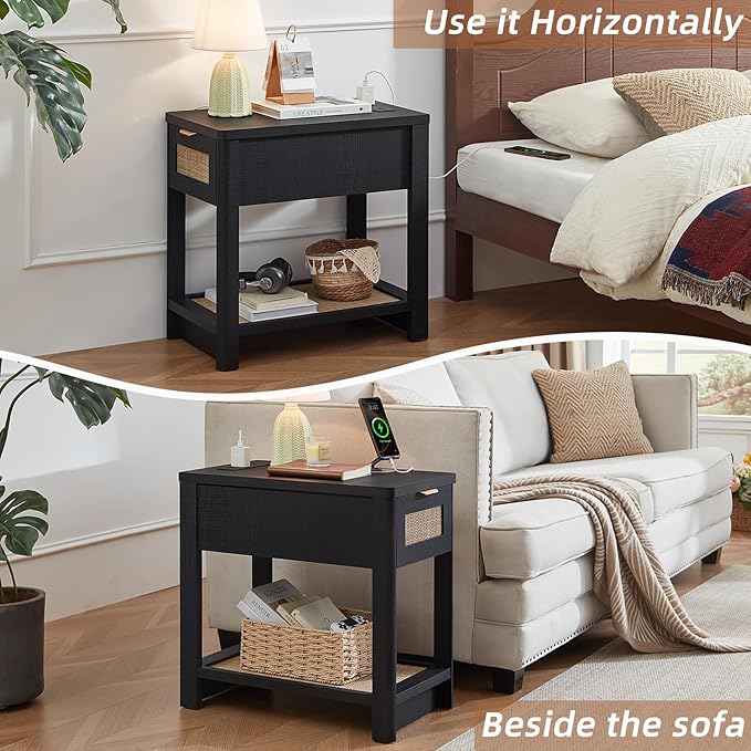 Lerliuo Narrow Night Stand with Charging Station, Boho Nightstand with Drawer, Bed Side End Table with Rattan Shelf for Small Spaces, Wood Nightstands Bedside Tables for Living Room Bedroom