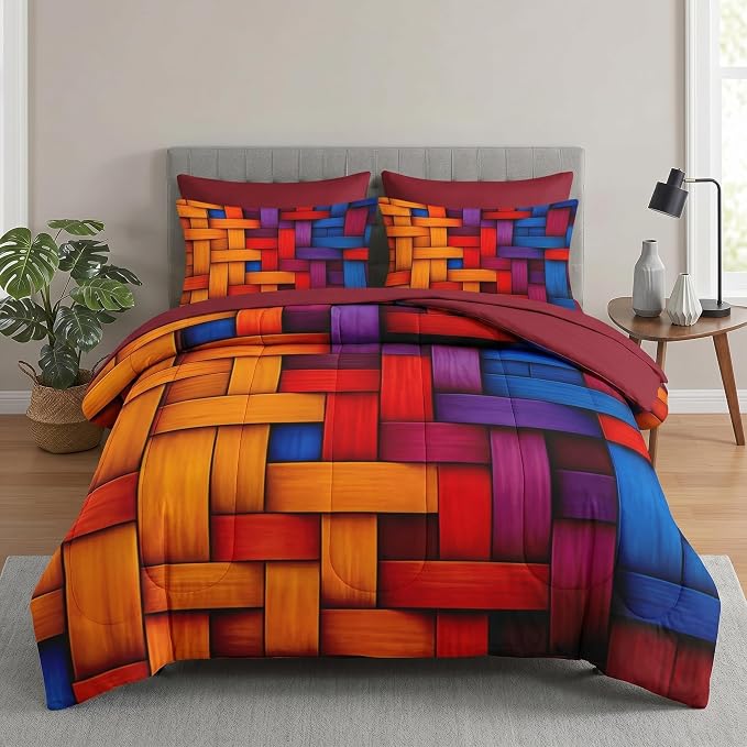 Nesker 7 Pcs Comforter Set King Size, Colorful Geometric Bedding Set for Kids and Adults, Abstract Minimalist Bed Sheet Sets with Fitted Sheet 2 Pillowcases & 2 Shams