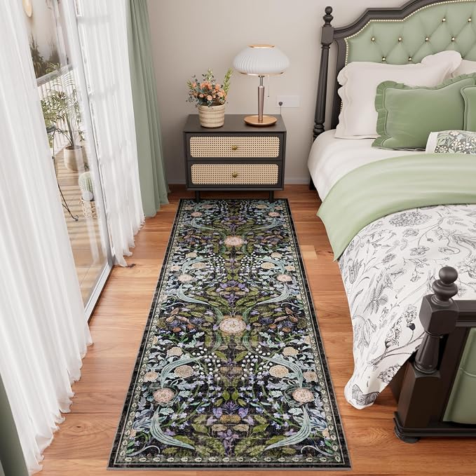 AMTOVO 2.7x8 Runner Rug for Hallway, Washable Non-Slip Long Kitchen Carpet, Floral Vintage Distressed Floor Mat for Hallways Entryway Living Room Laundry Room Bathroom Farmhouse, Black
