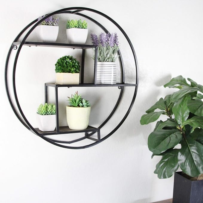 Admired By Nature, 23" Mounted Iron Circle Hanging Storage Shelving Floating Shelf 3 Tier Floating Circular Wall Decor Round Decorative Hanging Shelves, Sphere Shape Wall Shelf For Home, Black, 1 unit