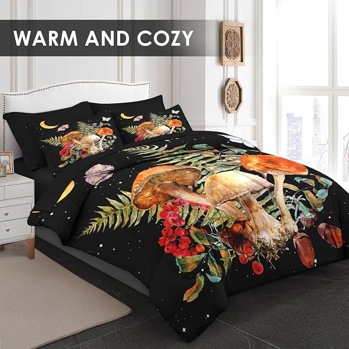 WeCozy 5 Pcs Twin Size Comforter Set with Pillowcase & Sham, Vintage Mushroom Moon Bedding for Kids and Adults, Butterfly Leaves Fern Bed in a Bag with Flat Fitted Sheet