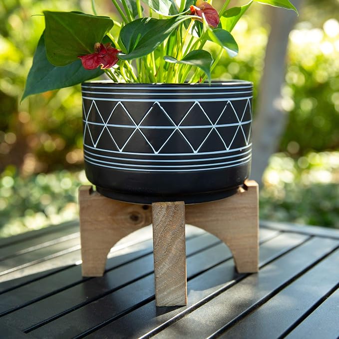 Flora Bunda 7 Inch Black White Line GEO Ceramic ON Stand Mid Century,7" Black/White Line