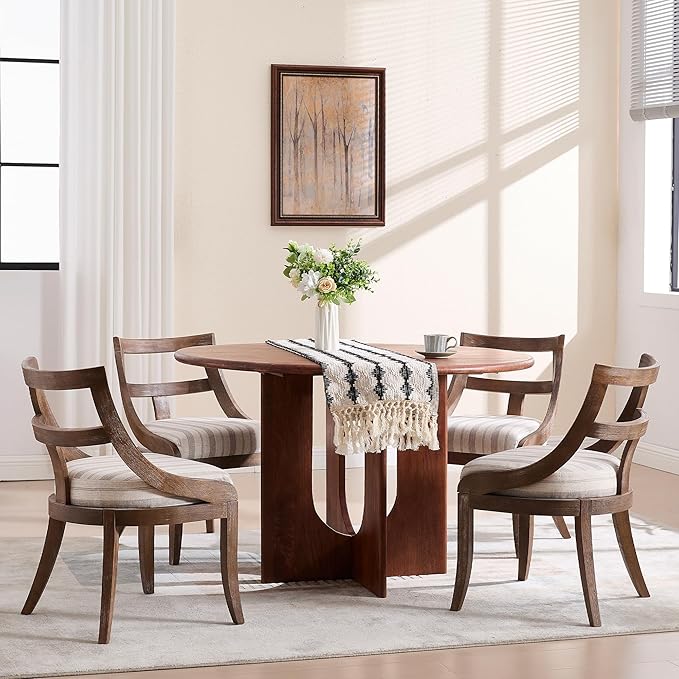 Modern Farmhouse Dining Chairs Set of 2 Mid Century Upholstered Dining Chair with Wooden Curved Back Kitchen Chairs for Dining Room Restaurant Cafe, Brown Walnut Colored-Linen Khaki Stripe