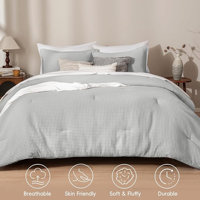 PHF Ultra Soft Waffle Weave Comforter Set Queen Size, 3 Pieces Lightweight Breathable Comfy Bedding Set, Comfy Textured 1 Comforter with 2 Pillow Shams, Light Grey