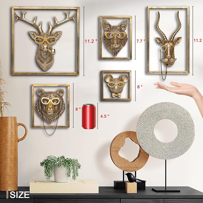 Newinhome Animal Heads Wall Decor (5pcs, Includes Metal Frame) Resin Animals Sculptures Head Wall Hanging Decoration Gold vintage Wall Sculpture for Living Room Bedroom Office