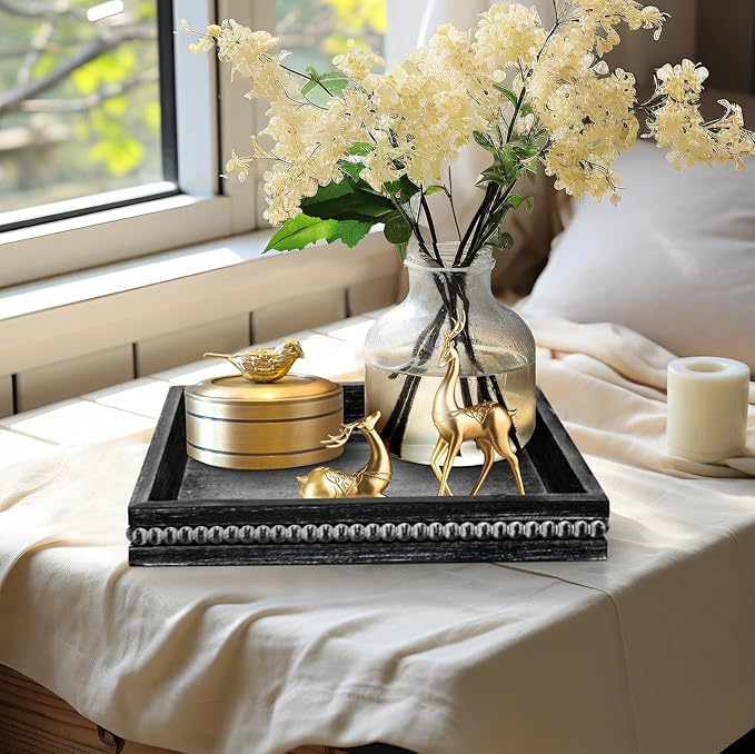 MAONAME Wood Serving Tray, Farmhouse Wooden Tray for Coffee Table, Rustic Square Trays with Beads, Vintage Black Decorative Trays for Living Room, Kitchen, 12" X 12" X 1.6"