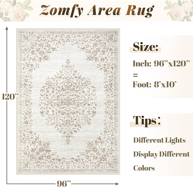 Area Rug 8x10 Vintage Rug: Large Washable Indoor Medallion Rugs Low Pile Distressed Floor Carpet Retro Accent Rug for Living Room Bedroom Kitchen Dining Table Home Office(Vintage Beige, 8'x10')