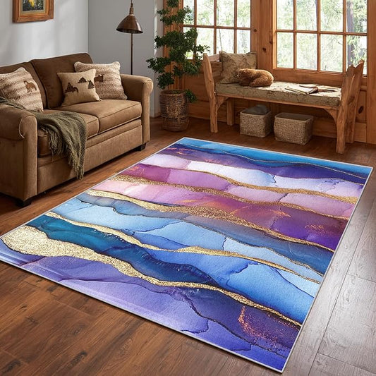 Irregular Marble Abstract Area Rug, Blue Purple Gold Pattern Carpet, Washable Non Slip Low Pile Soft Thin, Living Room Bedroom Home Decor Mat 4x6ft