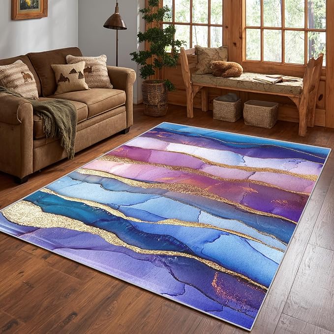 Irregular Marble Abstract Area Rug, Blue Purple Gold Pattern Carpet, Washable Non Slip Low Pile Soft Thin, Living Room Bedroom Home Decor Mat 5x6ft