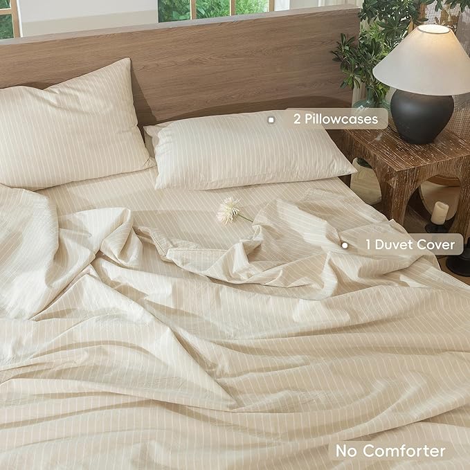 MooMee Striped Duvet Cover Set 100% Washed Cotton Linen Like Textured Breathable Durable Soft Comfy (Almond Milk Grey White Wide Stripes, Queen 90"x90")