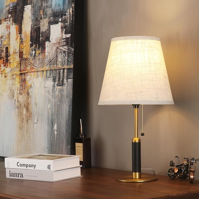18.9" Set 2 Modern Mid Century Table Lamp Pull Chain Bedside Lamps for Nightstand Lamp for Bedroom Living Room Light, Solid Wood/Metal/Fabric for Home Office Dorm Decor (Light Brown+Brass)