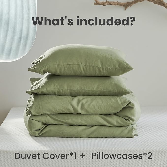 Simple&Opulence 100% Linen Duvet Cover Set 3pcs with Coconut Button Closure Natural French Washed Flax Solid Color Soft Breathable Farmhouse Bedding - Sage Green, King Size