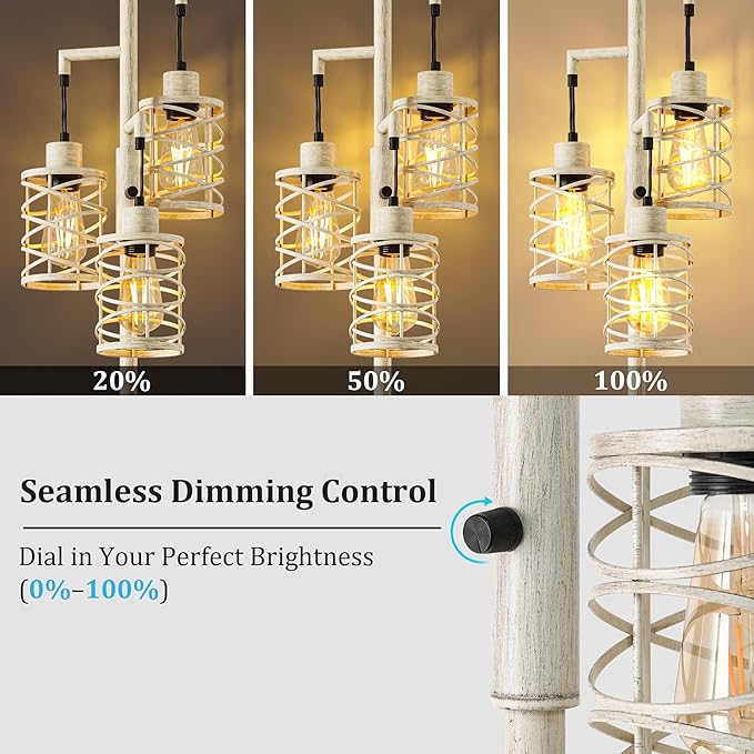 BOBOMOMO 70" Farmhouse Dimmable Floor Lamp, Weathered White Rustic Industrial Metal Cage Standing Lamp with 3 LED Bulbs, Stepless Dimming Tall Tree Lamp for Living Room, Bedroom, Entryway, Corner