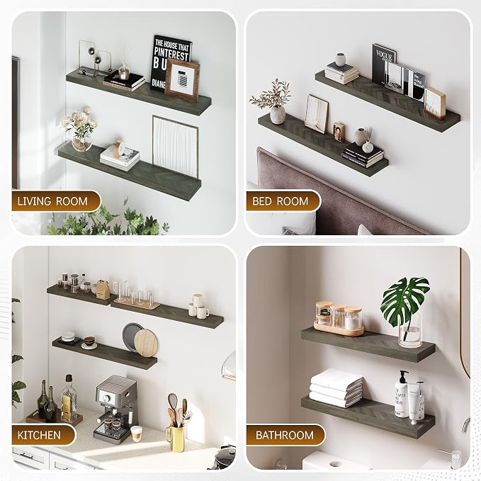 Howizz 48'' Chevron Floating Shelves for Wall, Acacia Wood Wall Mounted Shelves with Invisible Brackets, Rustic Wooden Shelf Set of 2 for Living Room, Bedroom, Bathroom, Kitchen Decor, Mocha Finish
