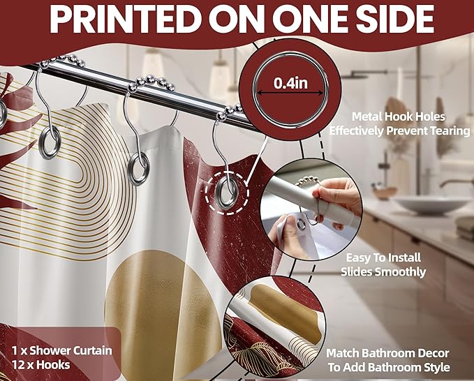Red and Gold Shower Curtain Burgundy Dark Red and White Shower Curtains for Bathroom Decor Abstract MCM Bath Curtain Set, Waterproof Fabric with Hooks 70 x 84 Inch