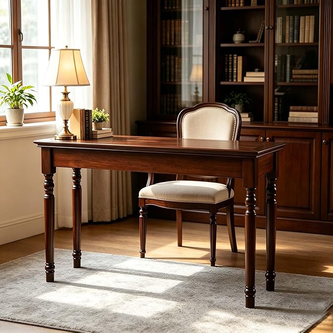 47" Narrow Solid Wood Writing Desk with Drawers, Walnut French Country Style Computer Desk for Home Office, Living Room or Study