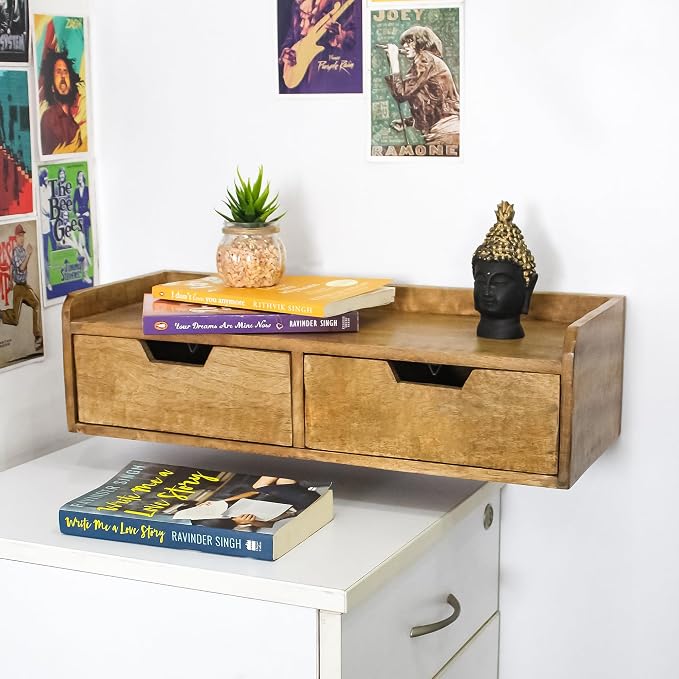 Wooden Desk Organizer with 2 Drawers – Handcrafted Solid Wood Storage Box for Office, Home & Study – Rustic Desktop Organizer for Files, Accessories & Stationery (STYLE 1, WALNUT BROWN)
