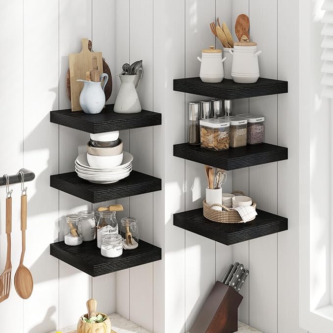 Floating Shelves for Wall with Invisible Brackets, Wall Mounted Engineered Wood Shelves with Wood Grain for Living Room, Bedroom, Bathroom, Kitchen Decor and Storage, Oak, 12"L Set of 3, Black