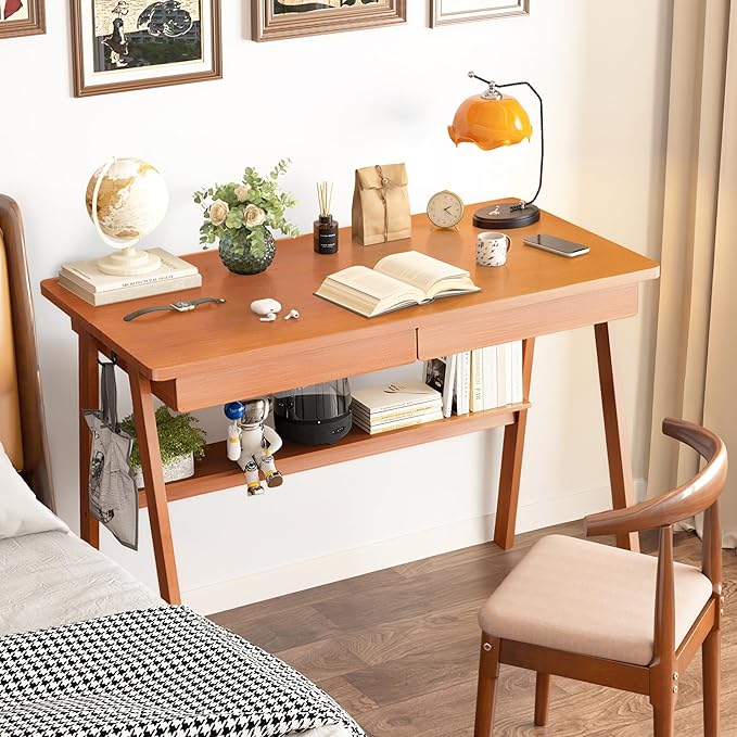 100% Solid Wood Writing Desk - 39.4" Mid Century Modern Home Office Desks, Small Computer Desk for Small Spaces with 2 Drawers and Storage Shelf, Laptop Study Table for Bedroom/Living Room, Walnut