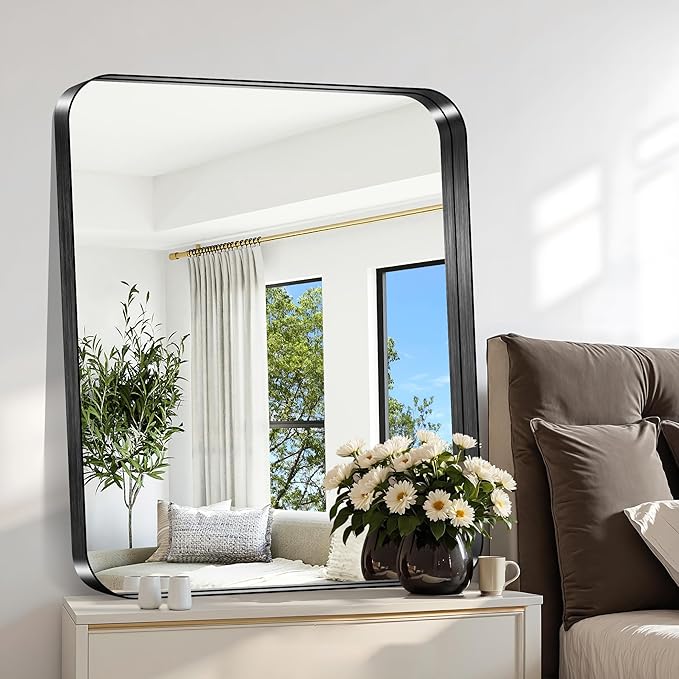 CIRCUMI Black Bathroom Mirror, 30"x36" Rectangular Mirror with Deep Metal Frame, Rounded Corner, Tempered Glass, Mirror for Wall, Oversink, Bedroom, Installed Vertically/Horizontally, Crystal-Clear