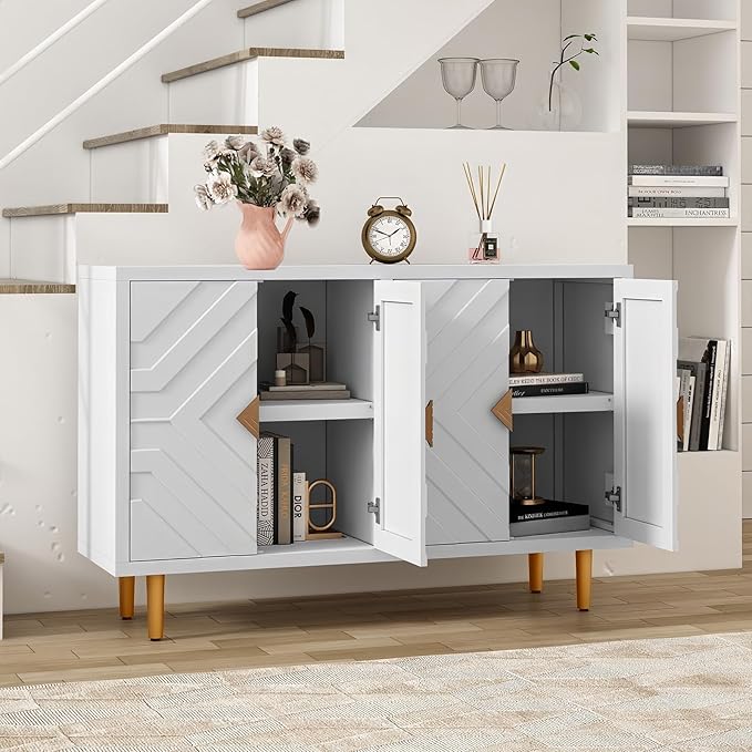 HLR 48'' Buffet Cabinet with 4 Doors and Shelves, Modern Credenza Storage Cabinet with Embossed Pattern Doors, Storage Cabinet Sideboard for Living Room, Kitchen, Dining Room, Hallway, White