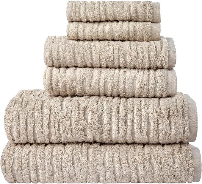 SKL Home CloudSoft 100% Cotton Luxury 6-Piece Towel Set, 600 GSM, Ultra Plush & Absorbent - 2 Bath Towels, 2 Hand Towels, 2 Washcloths, Oatmeal
