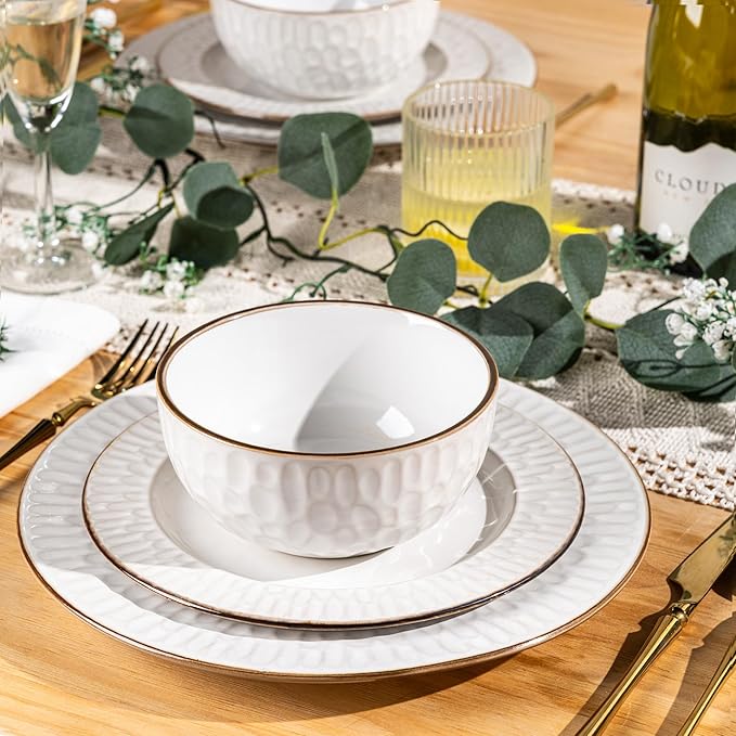 GBHOME Ceramic Dinnerware Sets,12 pcs Embossed Elegant Stoneware Plates and Bowls Sets, Housewarming Wedding Gift | Dishwasher & Microwave Safe | Dishes Set Service for 4