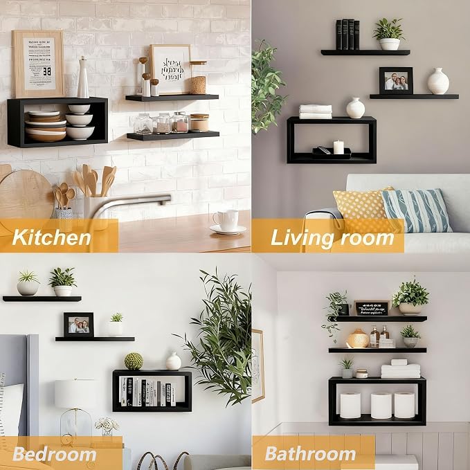 Wall Mounted Floating Shelf, c Long for Bedroom Living Room Kitchen Staircase Bathroom Above Toilet Wall Decoration Book Storage Room Recoration (3piece Set) Black