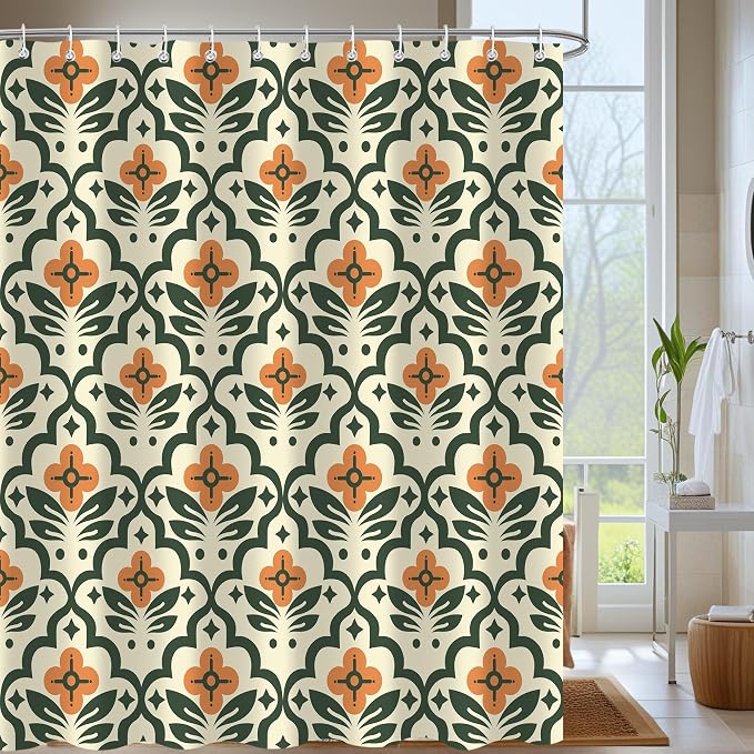 Vintage Boho Floral Shower Curtain，Mid Century Modern Abstract Orange Green Bathroom Curtain，Polyester Fabric Waterproof Bath Curtains 72x84 Inch with 12 Hooks