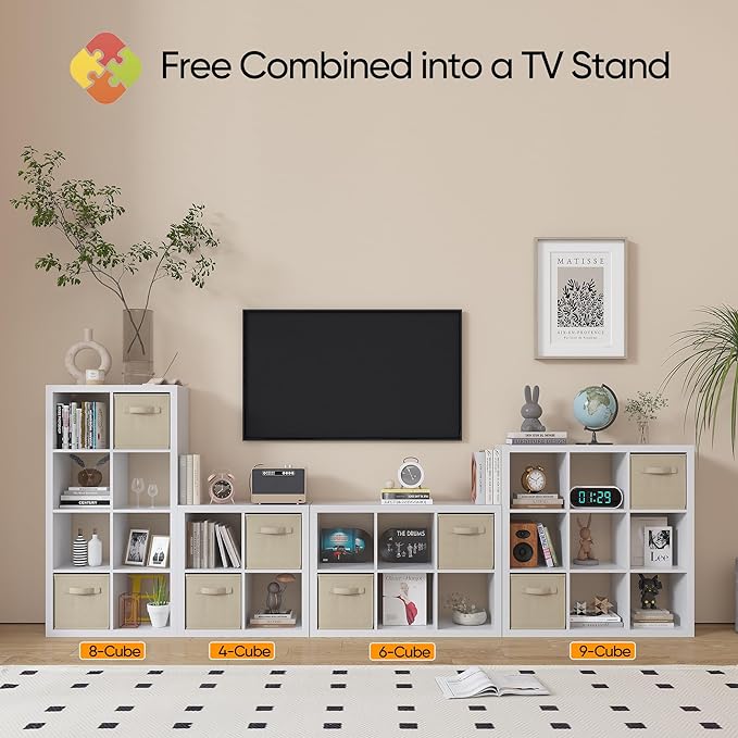 furtble Bookshelf with Storage Bin, 6-Cube Storage Organizer, Modern Wood Open Bookcase, Multifunctional Display Cubicle Shelf for Living Room, Bedroom, Home Office, White