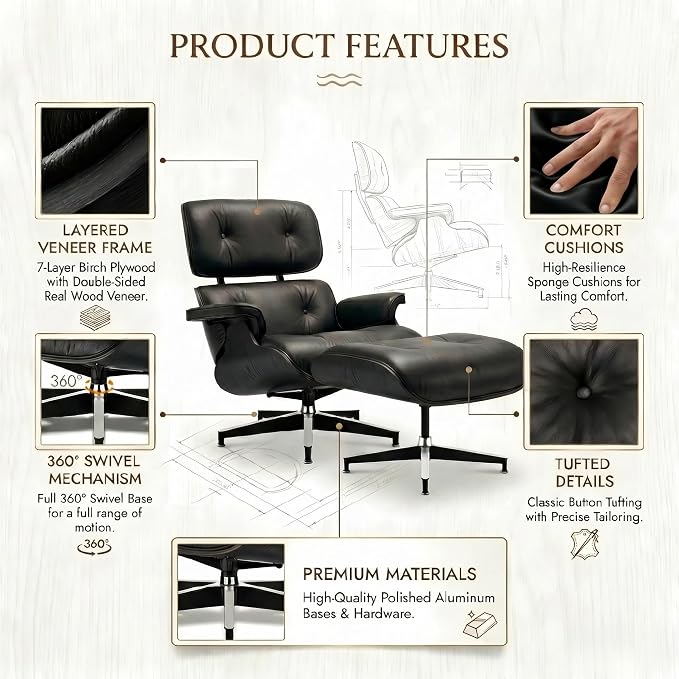 Mid Century Chaise Lounge Chair with Ottoman, Top Black Grain Leather, Modern Office Chair Classic Design, Heavy Duty Base Support for Living Room Study Lounge Office