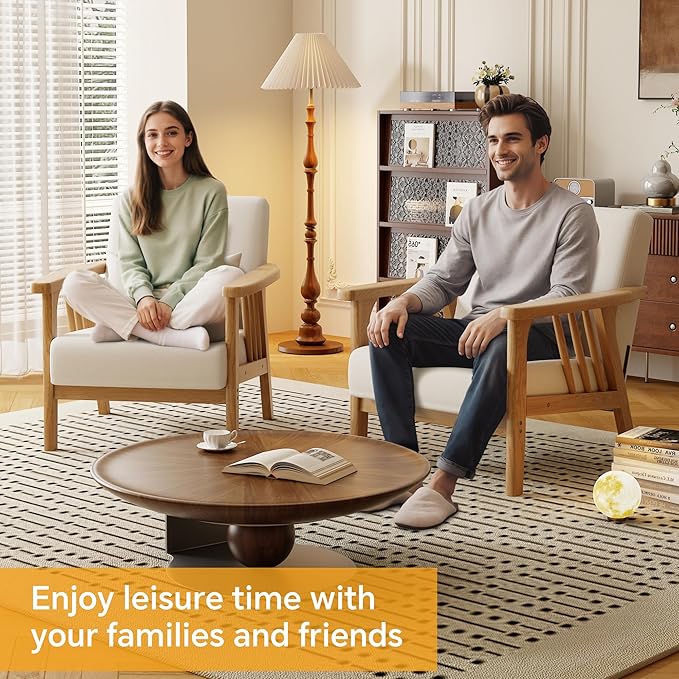 Solid Wood Accent Chair Mid-Century Modern Lounge Armchairs, Fabric Upholstered Soft Comfy Living Room Chairs with Armrest Waist Cushion Pillow for Office Reading Waiting Room (Natural)