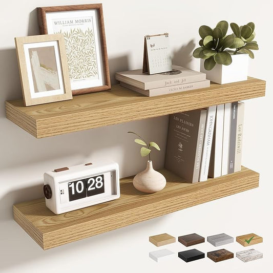 24 Inch Floating Shelves for Wall 2 Pack, 24" Wall Shelves for Books, Storage, Decor, Wall Mounted Floating Shelf with Invisible Brackets for Kitchen, Living Room, Light Brown