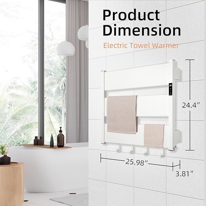 K&KALONZO Towel Warmer for Bathroom, Wall-Mounted Heated Towel Rack with Built-in Timer, Waterproof Alumnimum Electric Towel Heater, Support Plug-in and Hardwired, White, H3-W