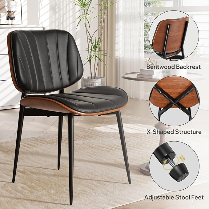 Dining Chair, Mid Century Modern Dining Room Chairs, Upholstered Faux Leather Kitchen Chairs with Walnut Bentwood Back and Metal Legs for Kitchen Dining Room Living Room, Black