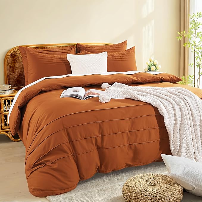 NEXHOME PRO 100% Organic Cotton Duvet Cover Set Linen Pleated Design,Terracotta Burnt Orange, 3pc Bedding Set with Zipper Closure, Soft, Lightweight and Breathable (98"x98", No Comforter)