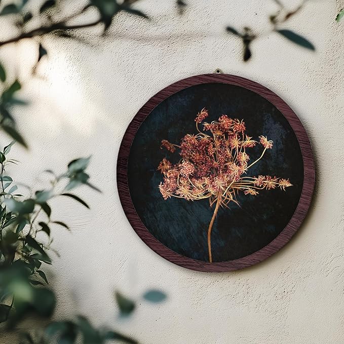 TFKFJLF Vintage Red Flowers Wall Hanging Prints Frame, Dark Rustic Round Wooden Prints, Cottagecore Botanical Flower Canvas Walls for Home Bedroom Living Room Decor, 10x10 Inch