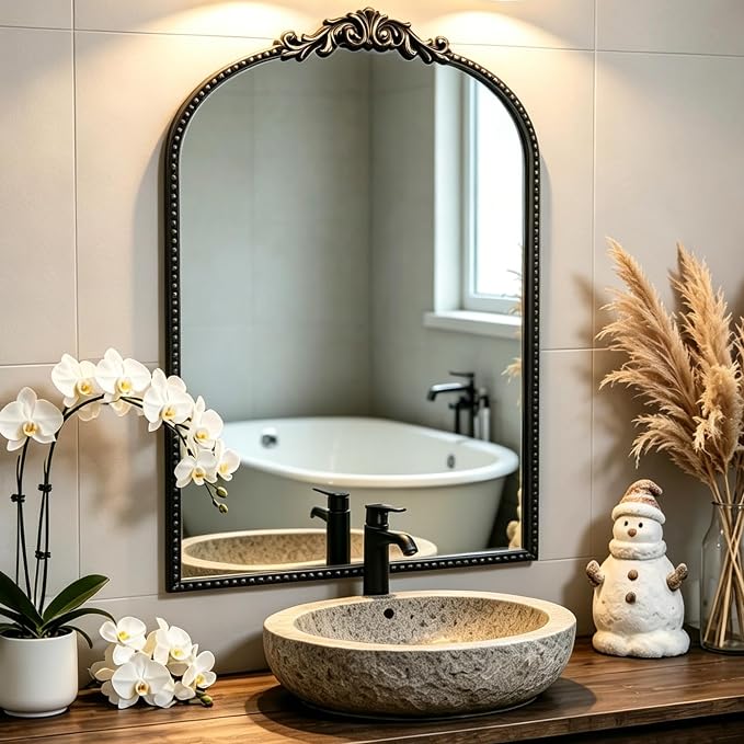ZIYOO Vintage Baroque Arched Wall Mirror 36"x24", Black Ornate Antique French Traditional Decor Mirror for Entryway Living Room Fireplace (Black Metal,36" x 24")