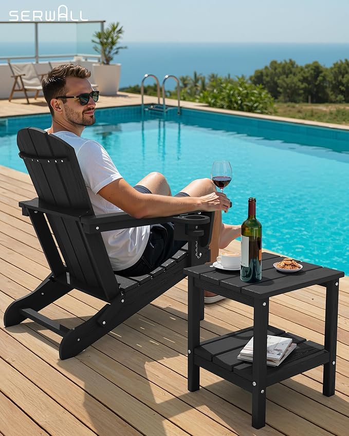 SERWALL 2-Tier HDPE Outdoor Side Tables Set of 4, Weatherproof Rectangular Adirondack Side Table, Black