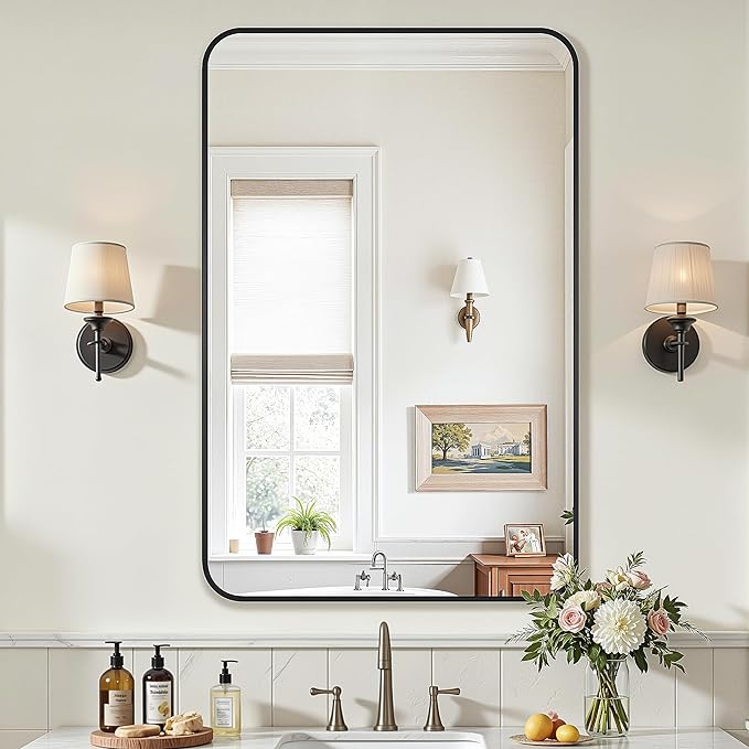 Bathroom Mirrors for Over Sink 24" x 36", Black Metal Frame Rounded Corner Rectangle Wall Mirror, Modern Farmhouse Vanity Mirror(Horizontal/Vertical)