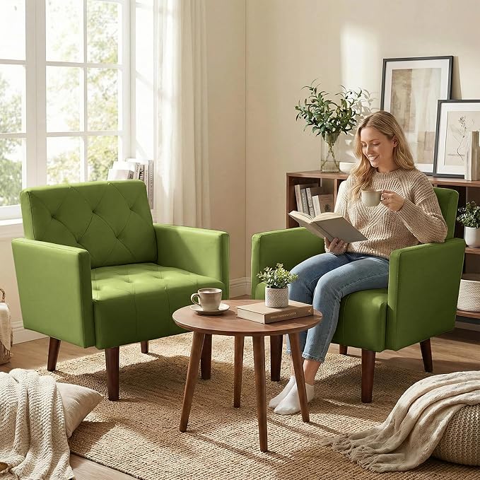 Faux Leather Accent Chair Modern PU Armchair, Retro Tufted Upholstered Arm Chair, Comfy Leather Club Chair Single Sofa for Living Room, Bedroom, Reading Room, Apartment(Green)