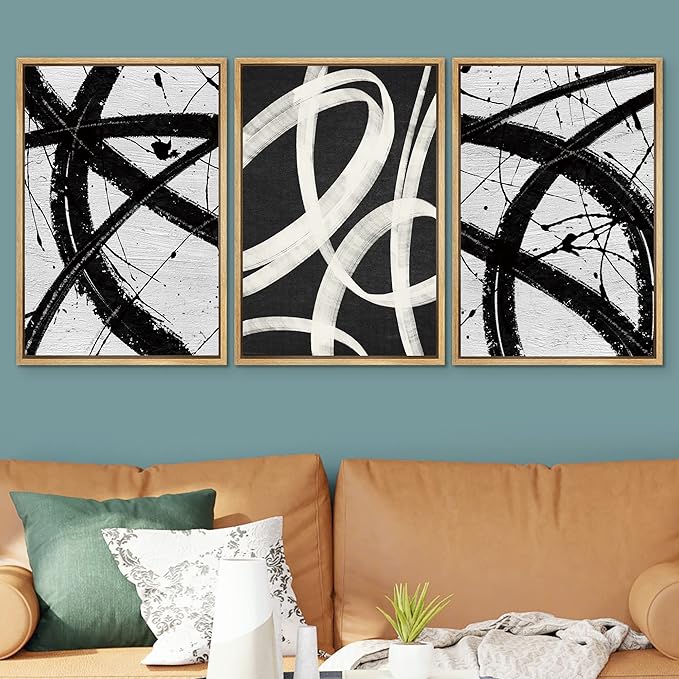 SIGNWIN Framed Canvas Print Wall Art Set Geometric Duotone Ring Landscape Graffiti & Street Art Abstract Illustrations Modern Art Nordic for Living Room, Bedroom, Office - 24"x36"x3 Natural